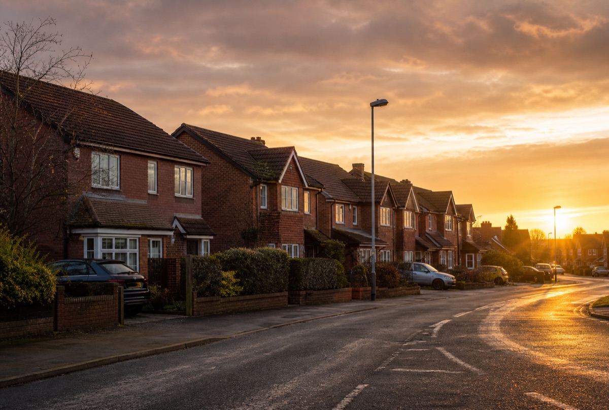 A quiet residential street of terraced homes in Birmingham at sunset